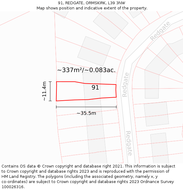 91, REDGATE, ORMSKIRK, L39 3NW: Plot and title map