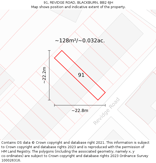 91, REVIDGE ROAD, BLACKBURN, BB2 6JH: Plot and title map