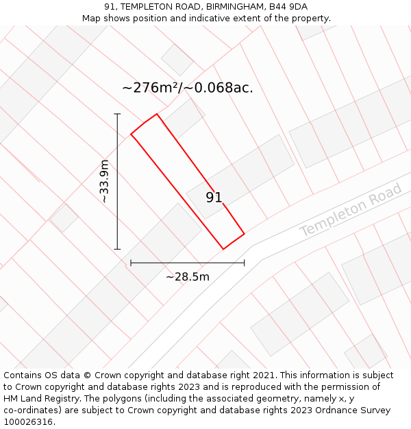 91, TEMPLETON ROAD, BIRMINGHAM, B44 9DA: Plot and title map
