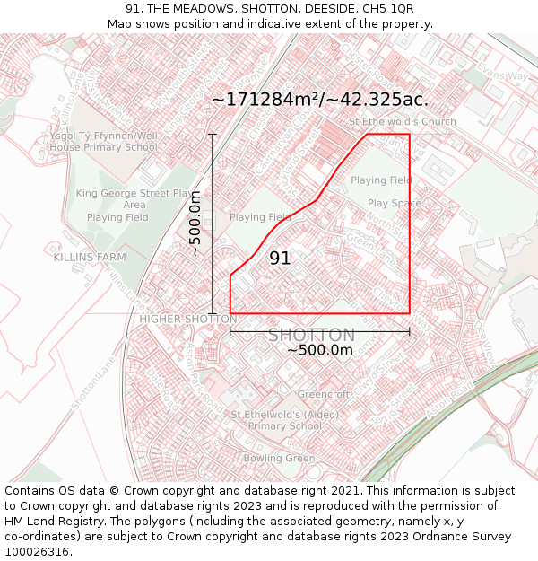 91, THE MEADOWS, SHOTTON, DEESIDE, CH5 1QR: Plot and title map