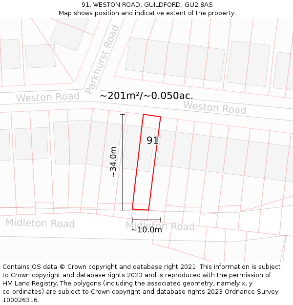 91, WESTON ROAD, GUILDFORD, GU2 8AS: Plot and title map