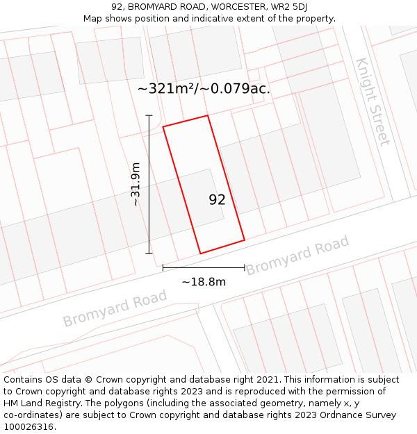 92, BROMYARD ROAD, WORCESTER, WR2 5DJ: Plot and title map