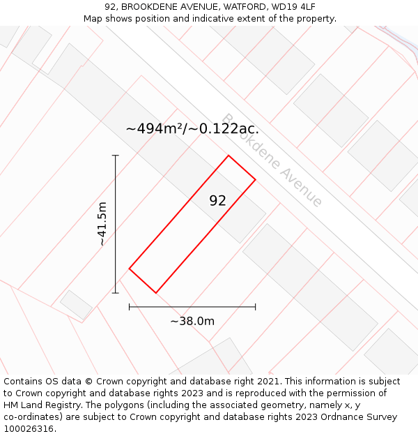 92, BROOKDENE AVENUE, WATFORD, WD19 4LF: Plot and title map
