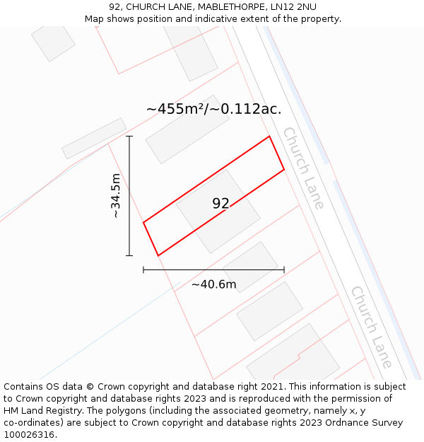92, CHURCH LANE, MABLETHORPE, LN12 2NU: Plot and title map