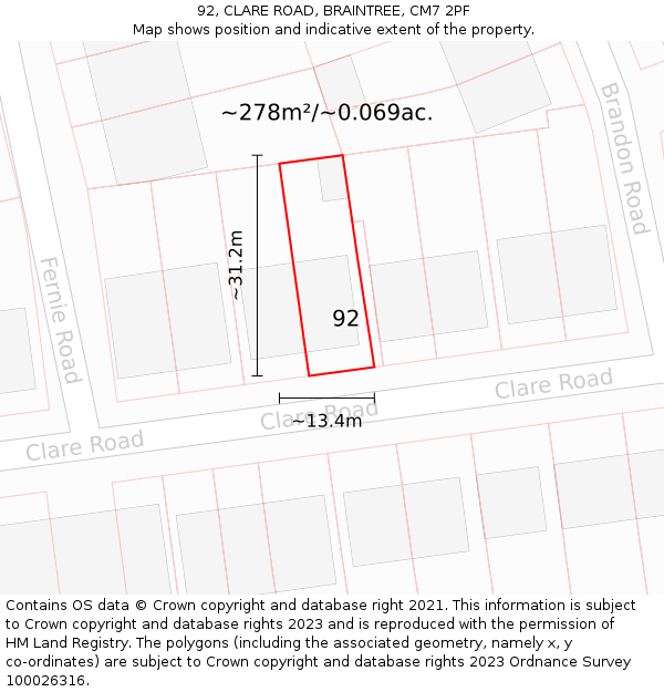 92, CLARE ROAD, BRAINTREE, CM7 2PF: Plot and title map