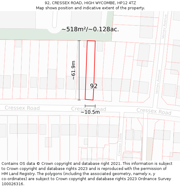 92, CRESSEX ROAD, HIGH WYCOMBE, HP12 4TZ: Plot and title map