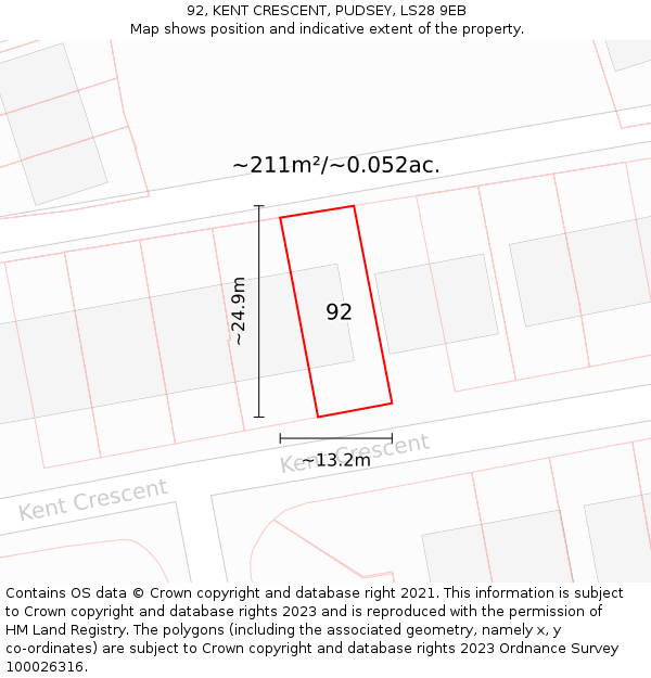 92, KENT CRESCENT, PUDSEY, LS28 9EB: Plot and title map