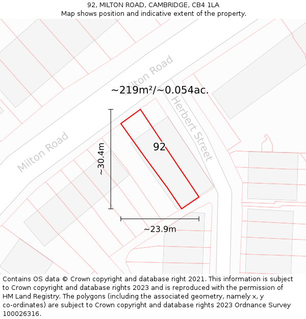 92, MILTON ROAD, CAMBRIDGE, CB4 1LA: Plot and title map