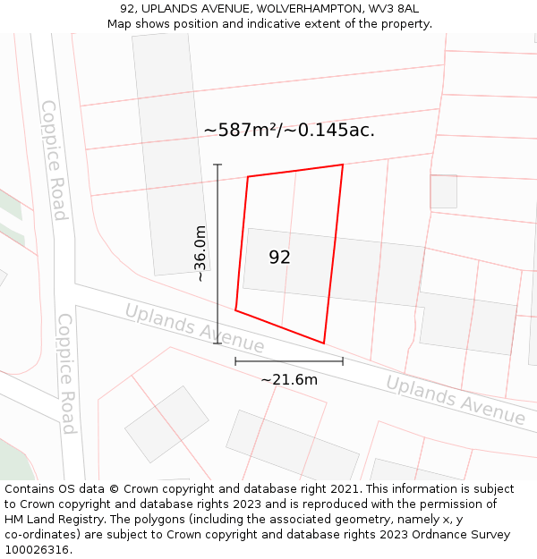 92, UPLANDS AVENUE, WOLVERHAMPTON, WV3 8AL: Plot and title map