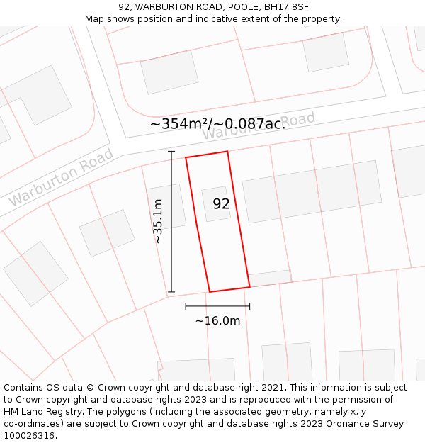 92, WARBURTON ROAD, POOLE, BH17 8SF: Plot and title map