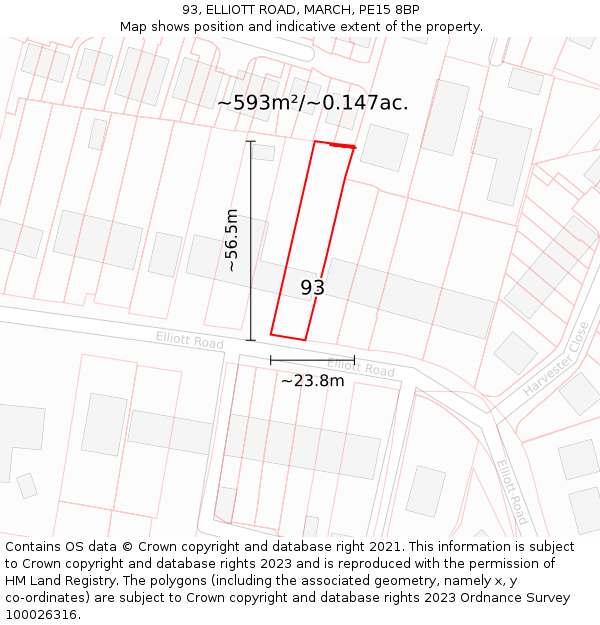 93, ELLIOTT ROAD, MARCH, PE15 8BP: Plot and title map