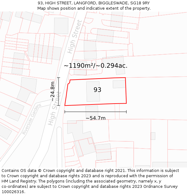93, HIGH STREET, LANGFORD, BIGGLESWADE, SG18 9RY: Plot and title map
