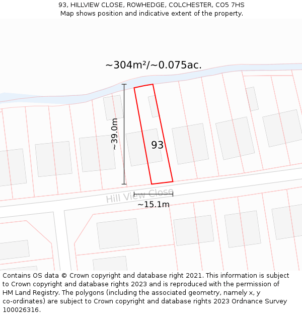 93, HILLVIEW CLOSE, ROWHEDGE, COLCHESTER, CO5 7HS: Plot and title map