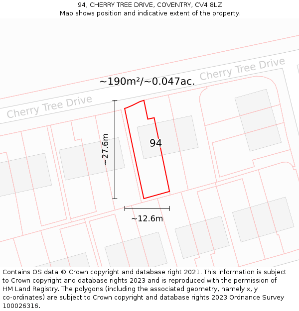 94, CHERRY TREE DRIVE, COVENTRY, CV4 8LZ: Plot and title map