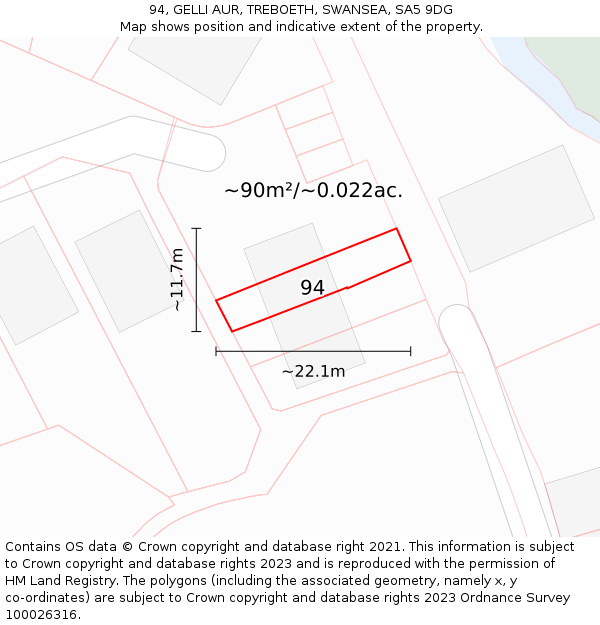 94, GELLI AUR, TREBOETH, SWANSEA, SA5 9DG: Plot and title map