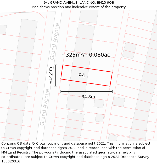 94, GRAND AVENUE, LANCING, BN15 9QB: Plot and title map