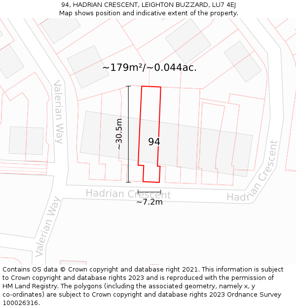 94, HADRIAN CRESCENT, LEIGHTON BUZZARD, LU7 4EJ: Plot and title map