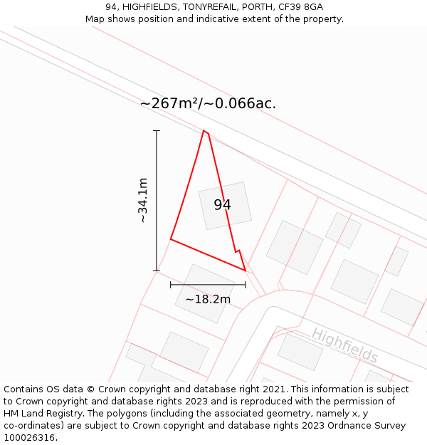 94, HIGHFIELDS, TONYREFAIL, PORTH, CF39 8GA: Plot and title map