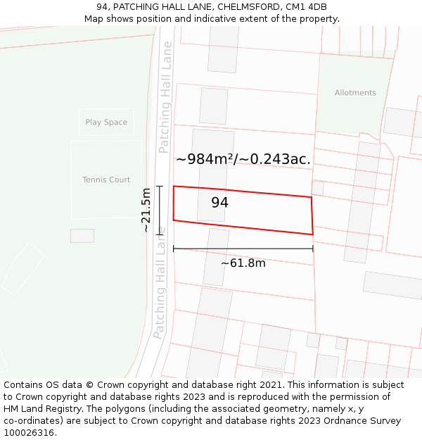 94, PATCHING HALL LANE, CHELMSFORD, CM1 4DB: Plot and title map