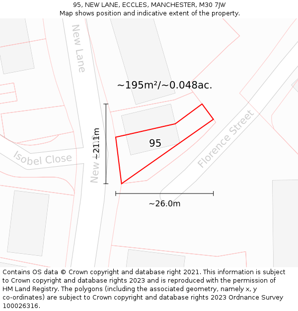 95, NEW LANE, ECCLES, MANCHESTER, M30 7JW: Plot and title map