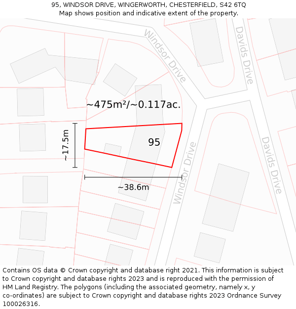 95, WINDSOR DRIVE, WINGERWORTH, CHESTERFIELD, S42 6TQ: Plot and title map