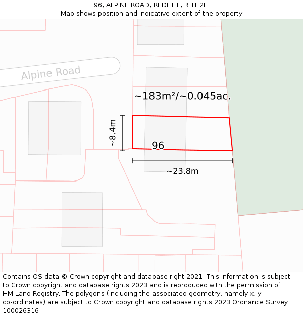 96, ALPINE ROAD, REDHILL, RH1 2LF: Plot and title map
