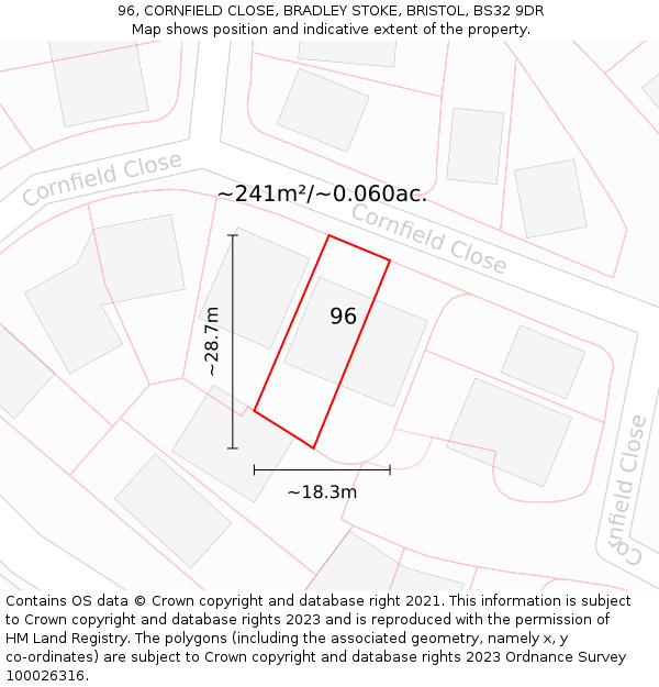 96, CORNFIELD CLOSE, BRADLEY STOKE, BRISTOL, BS32 9DR: Plot and title map