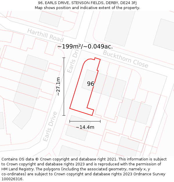 96, EARLS DRIVE, STENSON FIELDS, DERBY, DE24 3FJ: Plot and title map