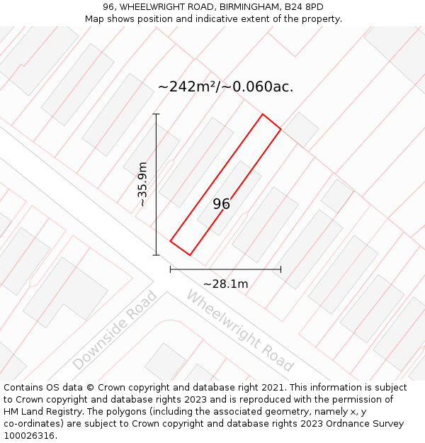 96, WHEELWRIGHT ROAD, BIRMINGHAM, B24 8PD: Plot and title map