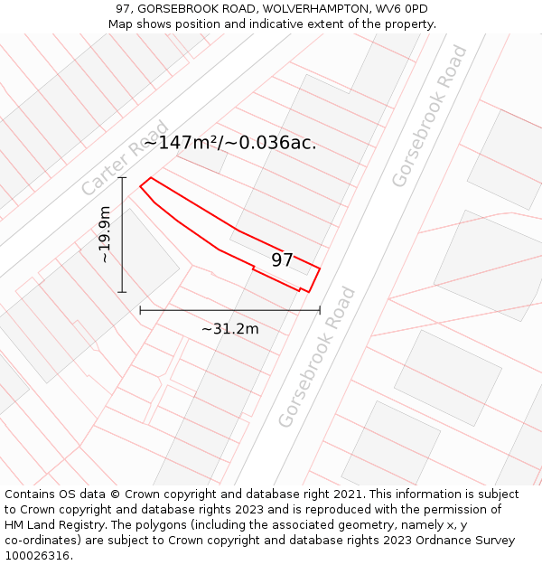 97, GORSEBROOK ROAD, WOLVERHAMPTON, WV6 0PD: Plot and title map