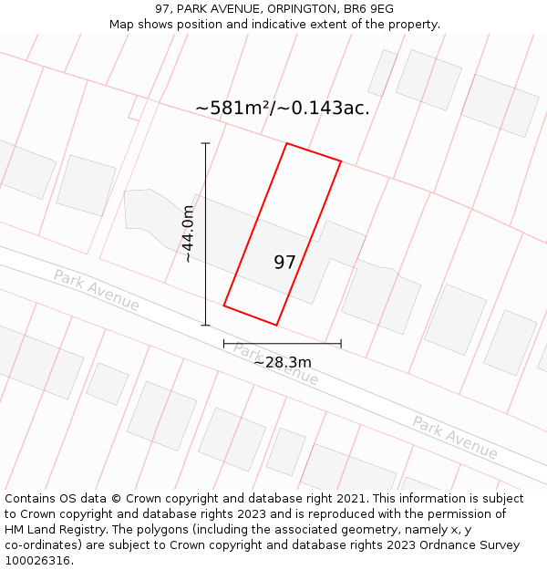 97, PARK AVENUE, ORPINGTON, BR6 9EG: Plot and title map