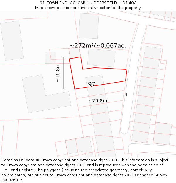 97, TOWN END, GOLCAR, HUDDERSFIELD, HD7 4QA: Plot and title map