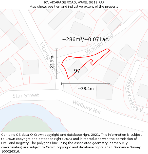97, VICARAGE ROAD, WARE, SG12 7AP: Plot and title map