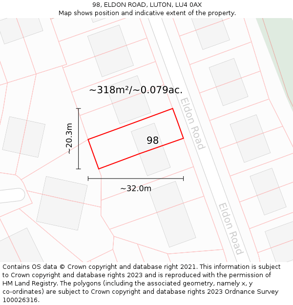 98, ELDON ROAD, LUTON, LU4 0AX: Plot and title map