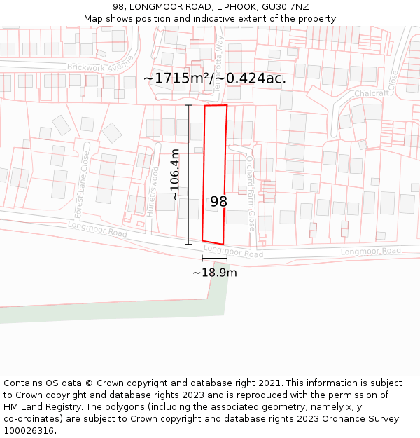98, LONGMOOR ROAD, LIPHOOK, GU30 7NZ: Plot and title map