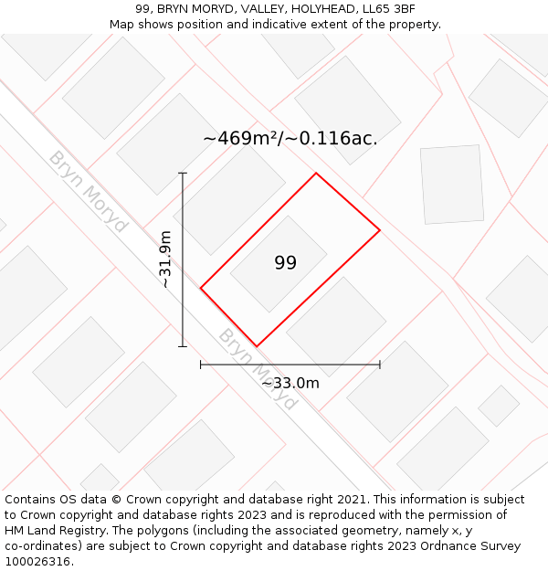 99, BRYN MORYD, VALLEY, HOLYHEAD, LL65 3BF: Plot and title map