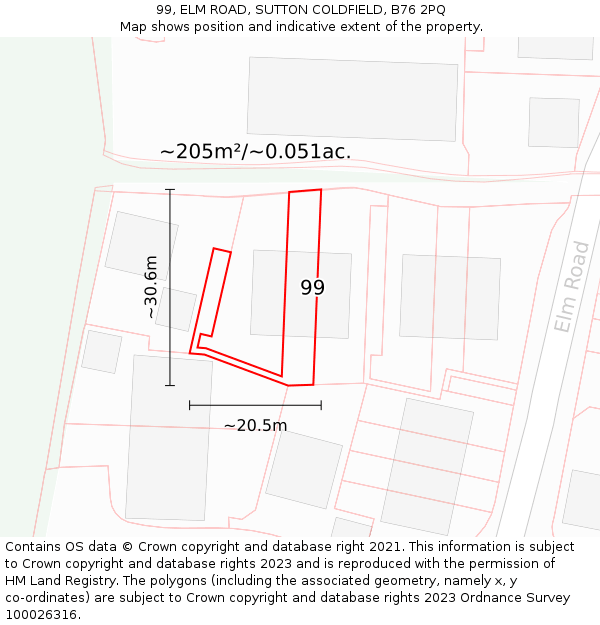 99, ELM ROAD, SUTTON COLDFIELD, B76 2PQ: Plot and title map