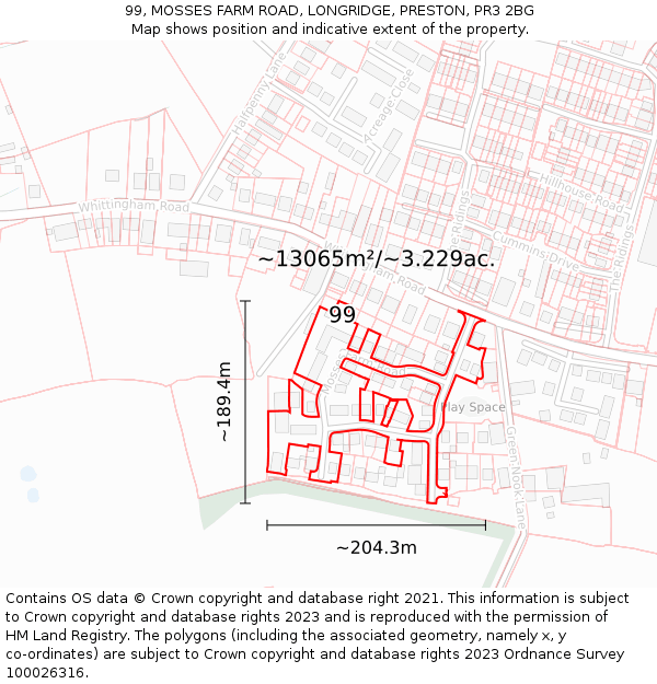 99, MOSSES FARM ROAD, LONGRIDGE, PRESTON, PR3 2BG: Plot and title map