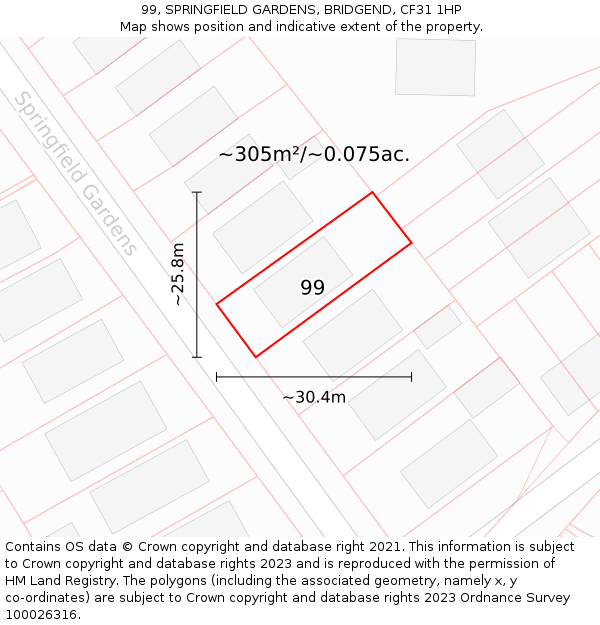 99, SPRINGFIELD GARDENS, BRIDGEND, CF31 1HP: Plot and title map