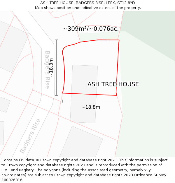ASH TREE HOUSE, BADGERS RISE, LEEK, ST13 8YD: Plot and title map