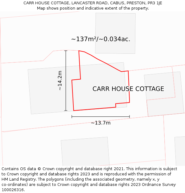 CARR HOUSE COTTAGE, LANCASTER ROAD, CABUS, PRESTON, PR3 1JE: Plot and title map
