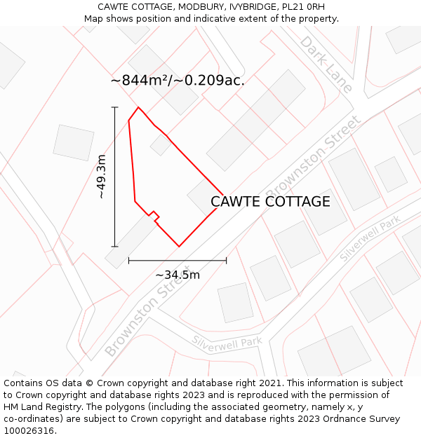 CAWTE COTTAGE, MODBURY, IVYBRIDGE, PL21 0RH: Plot and title map