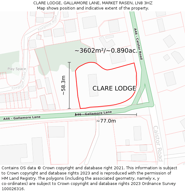 CLARE LODGE, GALLAMORE LANE, MARKET RASEN, LN8 3HZ: Plot and title map