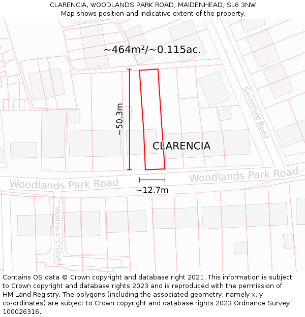 CLARENCIA, WOODLANDS PARK ROAD, MAIDENHEAD, SL6 3NW: Plot and title map