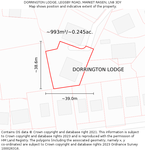 DORRINGTON LODGE, LEGSBY ROAD, MARKET RASEN, LN8 3DY: Plot and title map