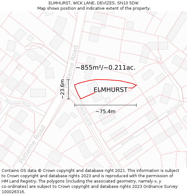 ELMHURST, WICK LANE, DEVIZES, SN10 5DW: Plot and title map