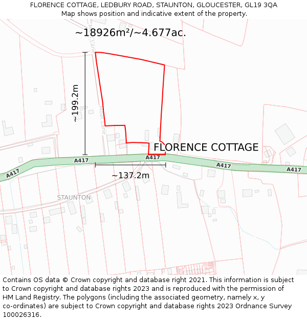 FLORENCE COTTAGE, LEDBURY ROAD, STAUNTON, GLOUCESTER, GL19 3QA: Plot and title map