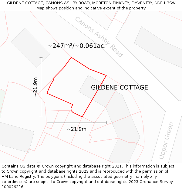 GILDENE COTTAGE, CANONS ASHBY ROAD, MORETON PINKNEY, DAVENTRY, NN11 3SW: Plot and title map