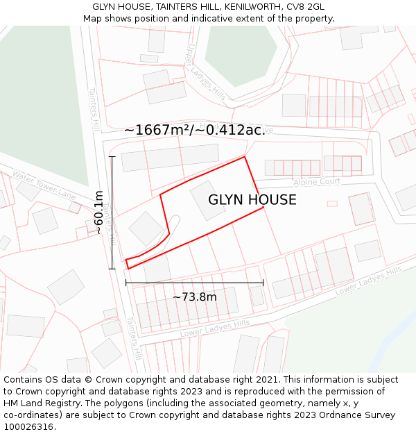 GLYN HOUSE, TAINTERS HILL, KENILWORTH, CV8 2GL: Plot and title map