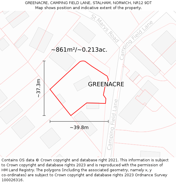 GREENACRE, CAMPING FIELD LANE, STALHAM, NORWICH, NR12 9DT: Plot and title map